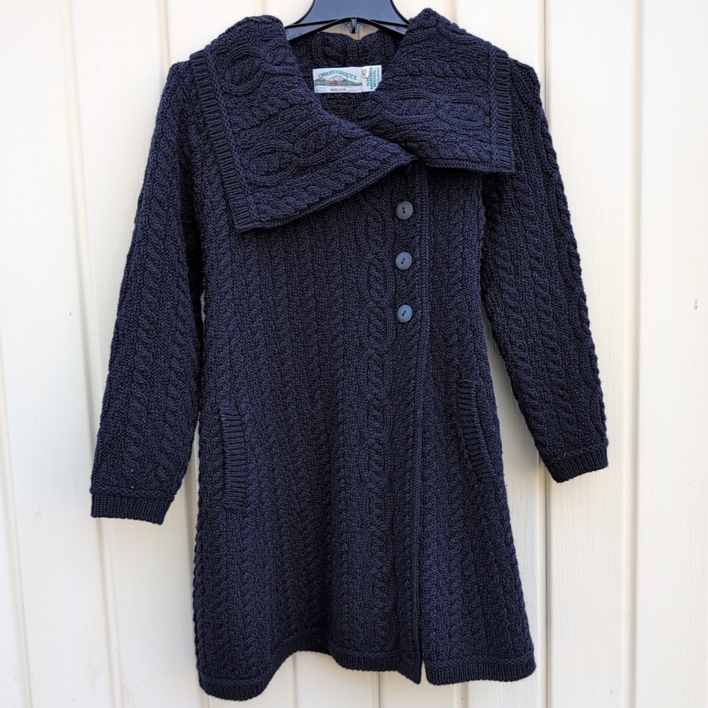 Vintage Aran Crafts Jacket Extra Small Blue Chunky Knit Merino Wool Ireland